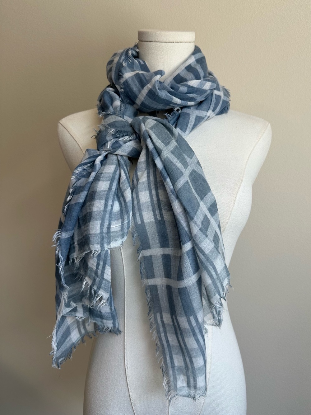 Cotton Blend Soft Light Blue & White Plaid Patterned Fringe Edge Scarf